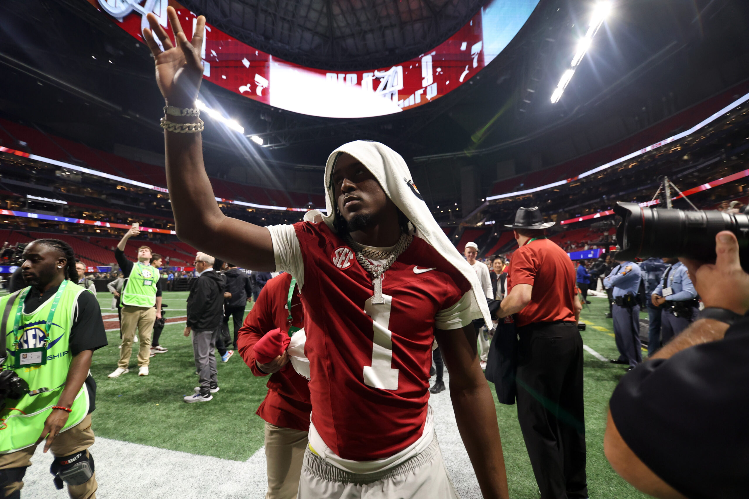 Alabama Crimson Tide defensive back Kool-Aid McKinstry (1) reacts after defeating the Georgia Bulldogs in the SEC championship game at Mercedes-Benz Stadium.
